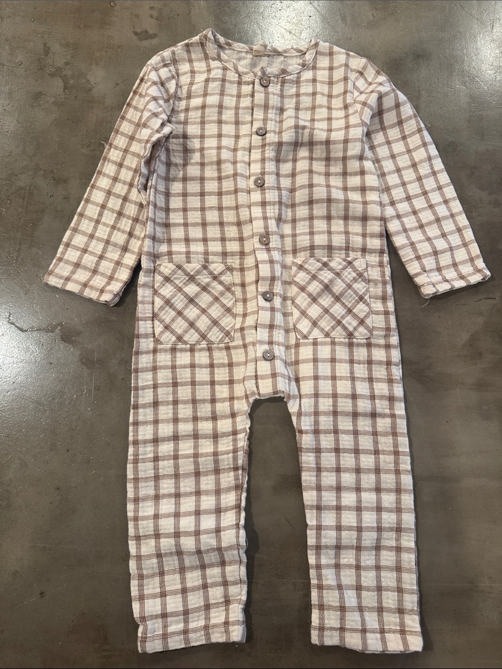Quincy Mae Brown and Cream Plaid Button-Front One-Piece Footie
